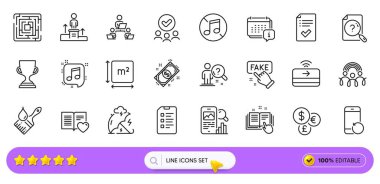 Onaylanmış kontrol listesi, Web uygulaması için müzik ve ödül sırası simgeleri yok. İçerik paketi, sahte bilgiler, teknik dökümantasyon resim simgeleri. Takvim, arama çalışanı, para birimi tabelaları. Vektör