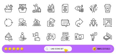 Paket kahve, Kurtarma bilgisayarı ve web uygulaması için mühendislik takım simgeleri. Inclusion paketi, Bulaşıkçı, Ajan Pictogram ikonları. Park güvenliği, Meydan alanı, sohbet işaretlerini destekleyin. Vektör