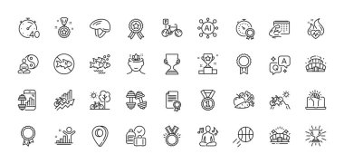 Onur, Zamanlayıcı ve En İyi sıra simgeleri paketlendi. Al, Soru ve Cevap, Harita iğne simgeleri. Yoga, spor salonu, en iyi sonuç web simgesi. Bisiklet parkı, bisiklet kaskı, kazanan resim. Vektör