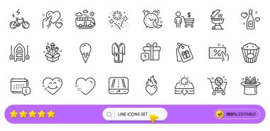 Web uygulaması için patlamış mısır, takvim ve kalp çizgisi simgeleri. Bir paket havai fişek roketi, alıcı, güneş koruma ikonları. Bornoz, dondurma, indirim kuponu. Gizli hediye, Heart. Vektör