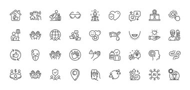 Başarı, Gülümse ve Çizgi Çizgisi simgelerine dokunma. Al, Soru ve Cevap, Harita iğne simgeleri. Yazar, adil ticaret, video konferans web simgesi. Vektör