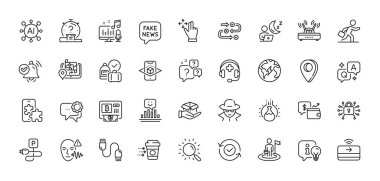 Kahve teslimatı, lamba ve bildirim hattı simgeleri alındı. Al, Soru ve Cevap, Harita iğne simgeleri. Gülümse, Elektrik, Jest Ağı simgesini oynat. Vektör