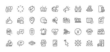 Gülümse, Yen parası ve belge satırı simgeleri paketle. Al, Soru ve Cevap, Harita iğne simgeleri. Eşitlik, telefon mesajları, web simgesini kaydır. Megafon, ödemeli telefon, su analizi. Vektör