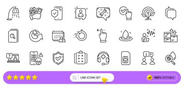 Spanner, Rule and Voice Line web uygulaması için simgeler. Toptan mal paketi, telefon sigortası, karton resim ikonları. Hızlı iyileşme, onaylandı, teslimat işaretleri. Dosyaları ara. Arama barı. Vektör