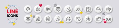 Inspect, Lgbt and Couple love line icons. White buttons 3d icons. Pack of Teamwork, Market seller, Approved checkbox icon. Dont touch, Search employee, Clapping hands pictogram. Vector clipart
