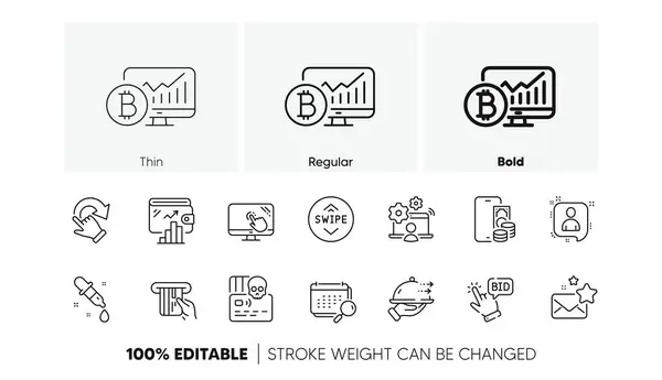 stock vector Favorite mail, Calendar and Phone pay line icons. Pack of Cyber attack, Credit card, Rotation gesture icon. Food delivery, Chemistry pipette, Touch screen pictogram. Bitcoin chart. Line icons. Vector