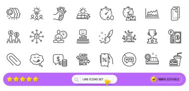 Ab testi, bulmaca seçenekleri ve web uygulaması için ataç satırı simgeleri. Bir paket park ücreti, güvenlik kilidi, yatak garantili resim simgeleri. Güneş panelleri, çalışanlar takım çalışması. Arama barı. Vektör