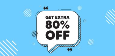 İndirimden% 80 indirim al. Konuşma balonu afişi. İndirimli fiyat tabelası. Özel teklif sembolü. Yüzde 80 tasarruf ederiz. Ekstra indirimli sohbet mesajı. Konuşma balonu mavisi pankart. Vektör