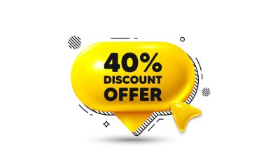 Konuşma kabarcığı 3d simgesine tıklayın. Yüzde 40 indirim etiketi. Satılık fiyat tabelası. Özel teklif sembolü. İndirimli sohbet teklifi. Konuşma balonu pankartı. Mesaj kutusu balonu. Vektör
