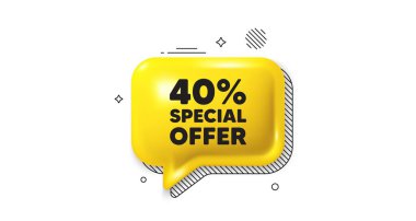 Üç boyutlu konuşma balonu simgesi. Yüzde 40 indirim teklif etiketi. İndirimli reklam tabelası. Özel teklif sembolü. İndirimli sohbet mesajı. Konuşma balonu pankartı. Sarı mesaj balonu. Vektör
