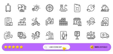 Paket takibi, Kamyon otoparkı ve web uygulaması için zaman çizelgesi simgeleri. Bir paket park yeri, asansör, teslimat servisi ikonları. Taşıma çantası, bisikletçi, otobüs tabelası. Arama barı. Vektör