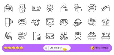 Cüzdan, web postası ve web uygulaması için 360 derecelik çizgi simgeleri. Bir paket yeni, solunabilir yatak, telefon hesap makinesi ikonları. Buzdolabı zamanlayıcısı, havai fişekler, sadakat programı işaretleri. Arama barı. Vektör