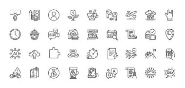 Babalar Günü, reçeteli ilaçlar ve eko elektrik hattı ikonları. Al, Soru ve Cevap, Harita iğne simgeleri. Teklif teklifi, Boynuz El, Arama Takvimi ikonu. Bulmaca, bulut yüklemesi, enflasyon piktogramı. Vektör