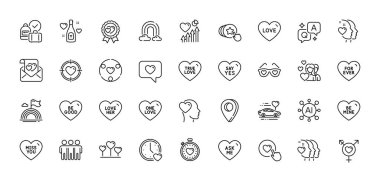 Arkadaş, uslu dur ve onun çizgi simgelerini sev. Al, Soru ve Cevap, Harita iğne simgeleri. Balayı seyahati, aşk mektubu, bana web ikonu sor. Kalbini tut, Lgbt, benim piktogramım ol. Vektör