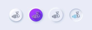 Coins bag line icon. Neumorphic, Purple gradient, 3d pin buttons. Cash money sign. Income savings symbol. Line icons. Neumorphic buttons with outline signs. Vector clipart