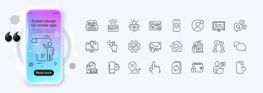 Akıllı telefon kurtarma, Bilgisayar faresi ve web uygulaması için favori satır simgeleri. Telefon modelleme gradyan ekranı. Sadakat programı, Lock, Ayarlar resimli resim simgeleri. Vektör