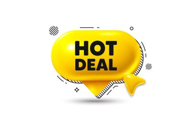 Konuşma kabarcığı 3d simgesine tıklayın. Ateşli anlaşma etiketi. Özel fiyat tabelası. Reklam indirimleri sembolü. Güzel bir sohbet teklifi. Konuşma balonu pankartı. Mesaj kutusu balonu. Vektör