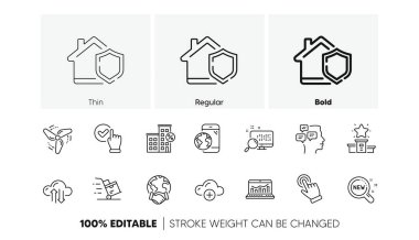 Checkbox, Loan House ve Cloud bilgisayar hattı simgeleri. Ev sigortası paketi, Kazanan podyum, Bulut senkron ikonu. Yeni ürünler, internet analizleri, mobil internet piktogramı. Rüzgar enerjisi. Satır simgeleri. Vektör