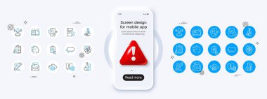 El işi, kimya laboratuvarı ve telefon sohbet hattı simgeleri. 3D tehlike ikonlu telefon modeli. Bir paket Pano, Bilgi, Yapay Zeka simgesi. Gelir parası, kontrol listesi, Cloud sunucusu resmi. Vektör