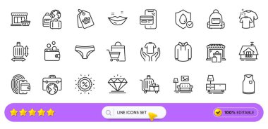 Web uygulaması için sırt çantası, bagaj ve bagaj çizgisi simgeleri. Bir paket su geçirmez, pazar yeri, çevrimiçi alışveriş simgeleri. Cüzdan, mobilya, tişört tabelaları. İndirim, pazar, elmas. Vektör