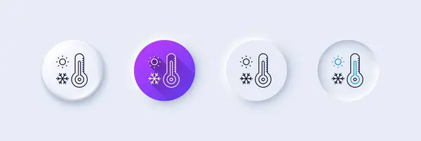 天気温度計ラインアイコン ネオルフィック 紫色の勾配 3Dピンボタン 冬のスノーフレーク 太陽のサイン 温度シンボル ラインアイコン アウトラインサイン付きネオルフィックボタン ベクター — ストックベクタ