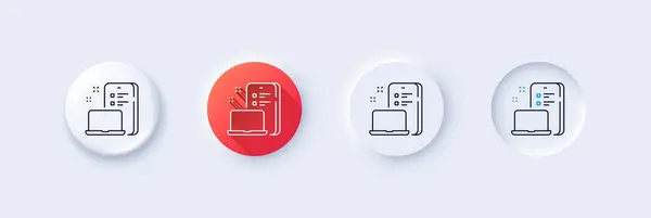 stock vector Device line icon. Neumorphic, Red gradient, 3d pin buttons. Mobile laptop with phone sign. Portable computer symbol. Line icons. Neumorphic buttons with outline signs. Vector