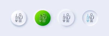 Vaccination announcement line icon. Neumorphic, Green gradient, 3d pin buttons. People vaccine syringe sign. Injection jab symbol. Line icons. Neumorphic buttons with outline signs. Vector clipart
