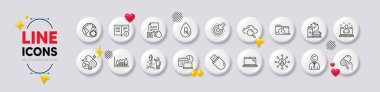 Qr code, Technical info and Coronavirus line icons. White buttons 3d icons. Pack of Capsule pill, Zinc mineral, Charging station icon. Infographic graph, Cloud computing, Work time pictogram. Vector clipart