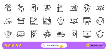 İnternet, Temassız ödeme ve web uygulaması için imleç satırı simgeleri. Sağlık uygulaması paketi, kağıt uçak, Seo resim ikonları. Artırılmış gerçeklik, dosya yönetimi, telif hakkı dizüstü bilgisayarları. Arama barı. Vektör