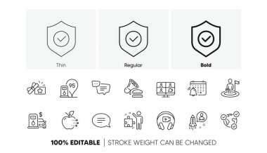 Strateji, Bildirim Takvimi ve Çevrimiçi oylama çizgisi simgeleri. Liderlik paketi, sadakat hediyesi, güvenlik kalkanı ikonu. Burger, Startup, Doldurma istasyonu resmi. Kısa mesaj. Satır simgeleri. Vektör