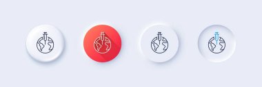 Pandemic vaccine line icon. Neumorphic, Red gradient, 3d pin buttons. Corona syringe sign. Covid jab symbol. Line icons. Neumorphic buttons with outline signs. Vector clipart