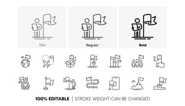 Liderlik, Gol Başarı, Bayrak Kazanan. Bayrak çizgisi simgeleri. Navigasyon işaretçisi, seyahat hedefi, insanlar çizgi simgelerini protesto ediyor. Bayrak direkli dağ, teslimat kutusu, mülkiyet. Vektör