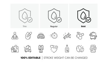 Bavul, Ole şarkısı ve Kalp çizgisi simgeleri. Bir paket kapsül hapı, su geçirmez, yiyecek teslimatı ikonu. Arena Stadyumu, alkol yok, göz piktogramı düşüyor. Kahve çekirdekleri, telefon anketi, hızlı teslimat. Vektör