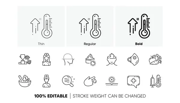 stock vector Thermometer, Sun cream and Medical mask line icons. Pack of Hospital nurse, Salad, Dumbbell icon. Medical chat, Face scanning, High thermometer pictogram. No sun, Blood donation. Line icons. Vector