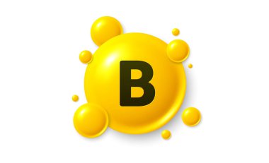 B vitamini parlayan hap kapsülü ikonu. Parlak altın madde damlası. İlaç reklamları. Sağlık için tıbbi beslenme. Eczane sağlık malzemeleri. B vitamini ilacı. Vektör illüstrasyonu.