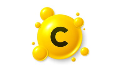 C vitamini parlayan hap ikonu. Parlak altın madde damlası. İlaç reklamları. Sağlık için tıbbi beslenme. Eczane sağlık malzemeleri. C vitamini ilacı. Vektör illüstrasyonu.
