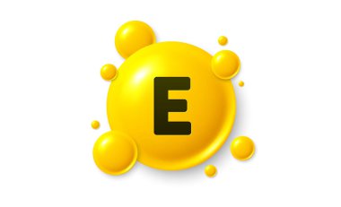 E vitamini parlayan hap kapsülü ikonu. Parlak altın madde damlası. İlaç reklamları. Sağlık için tıbbi beslenme. Eczane sağlık malzemeleri. E vitamini ilacı. Vektör illüstrasyonu.