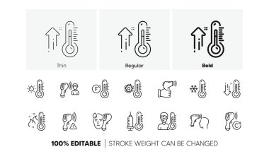 Ateşi, termometreyi ve vücut ısısını kontrol et. Sıcaklık çizgisi simgeleri. Coronavirus kontrolü, grip kontrolü, hastalık kontrol çizgisi ikonları. 2019-Ncov koruyucu önlemler, vücut ısısı. Vektör