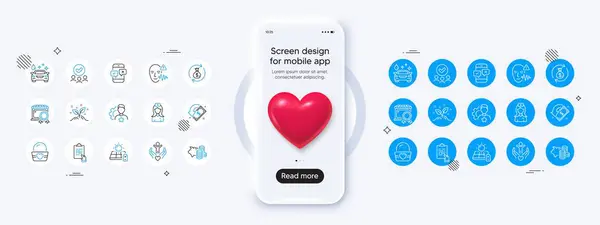 stock vector Phone mockup with 3d heart icon. Hospital nurse, Approved group and Piggy bank line icons. Pack of Cashback, Startup concept, Phone survey icon. Brand, Car wash, Ice cream pictogram. Vector