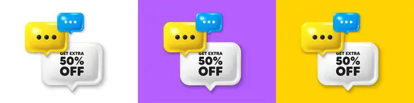 stock vector Chat speech bubble 3d icons. Get Extra 50 percent off Sale. Discount offer price sign. Special offer symbol. Save 50 percentages. Extra discount chat text box. Speech bubble banner. Vector