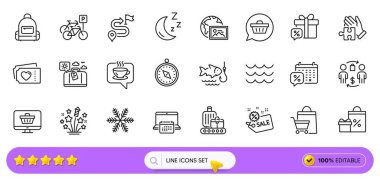 Havai fişek yıldızları, indirimli çantalar ve web uygulaması için hediye satışı simgeleri. Satın alma süreci, alışveriş, sırt çantası resimli resim simgeleri. Kar tanesi, Yolculuk, Bisiklet park levhası. Seyahat bagajı. Vektör