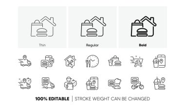 Kurye, Teslimatçı, market perakendecisi. Yemek dağıtım hattı ikonları. Teslimat kamyonu, yemek poşeti, ev yemeği siparişi ikonları. Araba teslimatı, bağlantısız servis, kurye konumu. Fast food paketi. Vektör