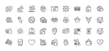 Su soğutucusu, sadakat puanları ve kutu çizgisi simgelerini al. Al, Soru ve Cevap, Harita iğne simgeleri. Cüzdan, alışverişi bırak, Gülen Surat web ikonu. Video içeriği, Kalp, Posta fotoğrafı. Vektör