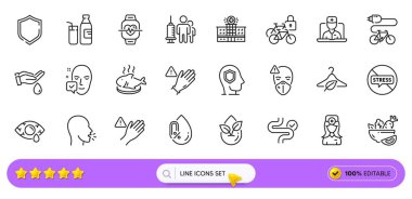 Use gloves, Slow fashion and Medical vaccination line icons for web app. Pack of Bicycle lockers, Salad, Organic product pictogram icons. Telemedicine, Wash hands, Digestion signs. Search bar. Vector clipart