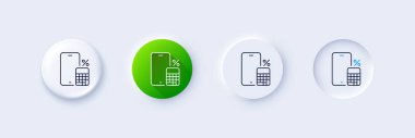 Telefon hesap makinesi çizgisi simgesi. Neumorfik, yeşil gradyan, 3 boyutlu iğne düğmeleri. Akıllı telefon uygulaması işareti. Cep telefonu mobil cihaz sembolü. Satır simgeleri. Taslak işaretli neumorfik düğmeler. Vektör