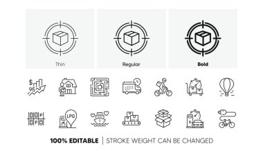 Şarj istasyonu, teslimat bisikleti ve teslimat hattı simgeleri. Hava balonu paketi, benzin istasyonu, yükselme fiyat simgesi. Balayı gezisi, park yeri, kutu piktogramı. Paket takibi. Vektör