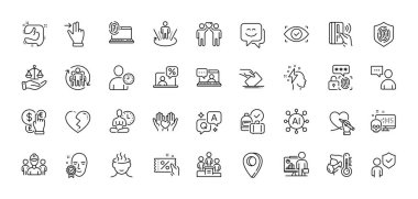 Adalet terazileri, takım çalışması ve Yoga çizgisi simgeleri. Al, Soru ve Cevap, Harita iğne simgeleri. Çevrimiçi vergi, Kullanıcılar sohbet web simgesi gibi. Dokunmatik ekran jesti, stres, biyometrik göz grafiği. Vektör