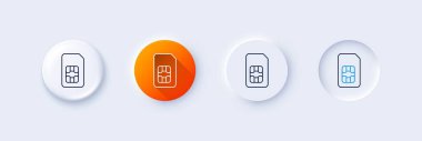 Sim kart çizgisi simgesi. Neumorfik, turuncu gradyan, 3 boyutlu iğne düğmeleri. Cep telefonu veri imzası. Mobil aksesuar sembolü. Satır simgeleri. Taslak işaretli neumorfik düğmeler. Vektör