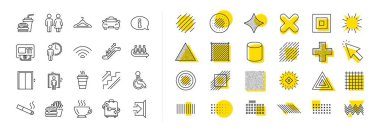 Asansör, vestiyer ve taksi ikonları. Şekil elementleri tasarla. Kamu Hizmetleri, Wifi hat simgeleri. Çıkış, ATM ve yürüyen merdiven. Eş, asansör ya da restoran yemeği. Vektör