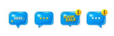 Offer speech bubble 3d icons. 2025 year icon. Event schedule annual date. 2025 annum planner. 2025 chat offer. Flash sale, danger alert. Text box balloon. Vector clipart